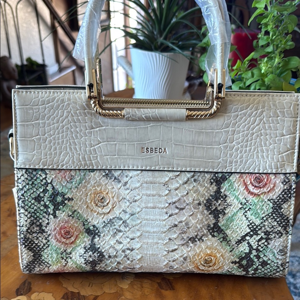 Nice handbag. New! Cream and Brown  Satchel with Floral Design by Espeda